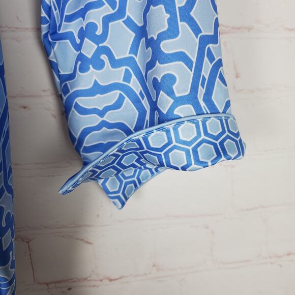 Gretchen Scott Wrap Me Up Dress 3/4 Sleeve Stretch Size M Blue Jersey Geo Print - Picture 8 of 14